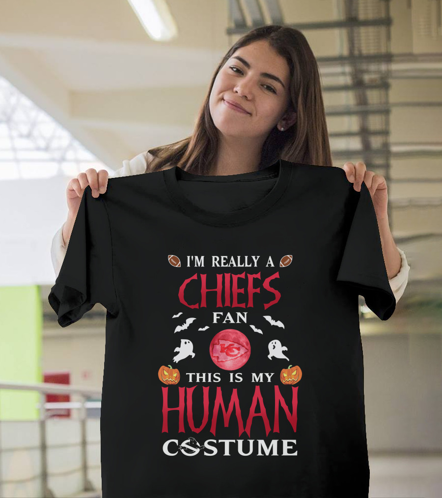 I'm Really A Chiefs Fan This Is My Human Costume Halloween Ghosts Pumpkins Footballs T-Shirt