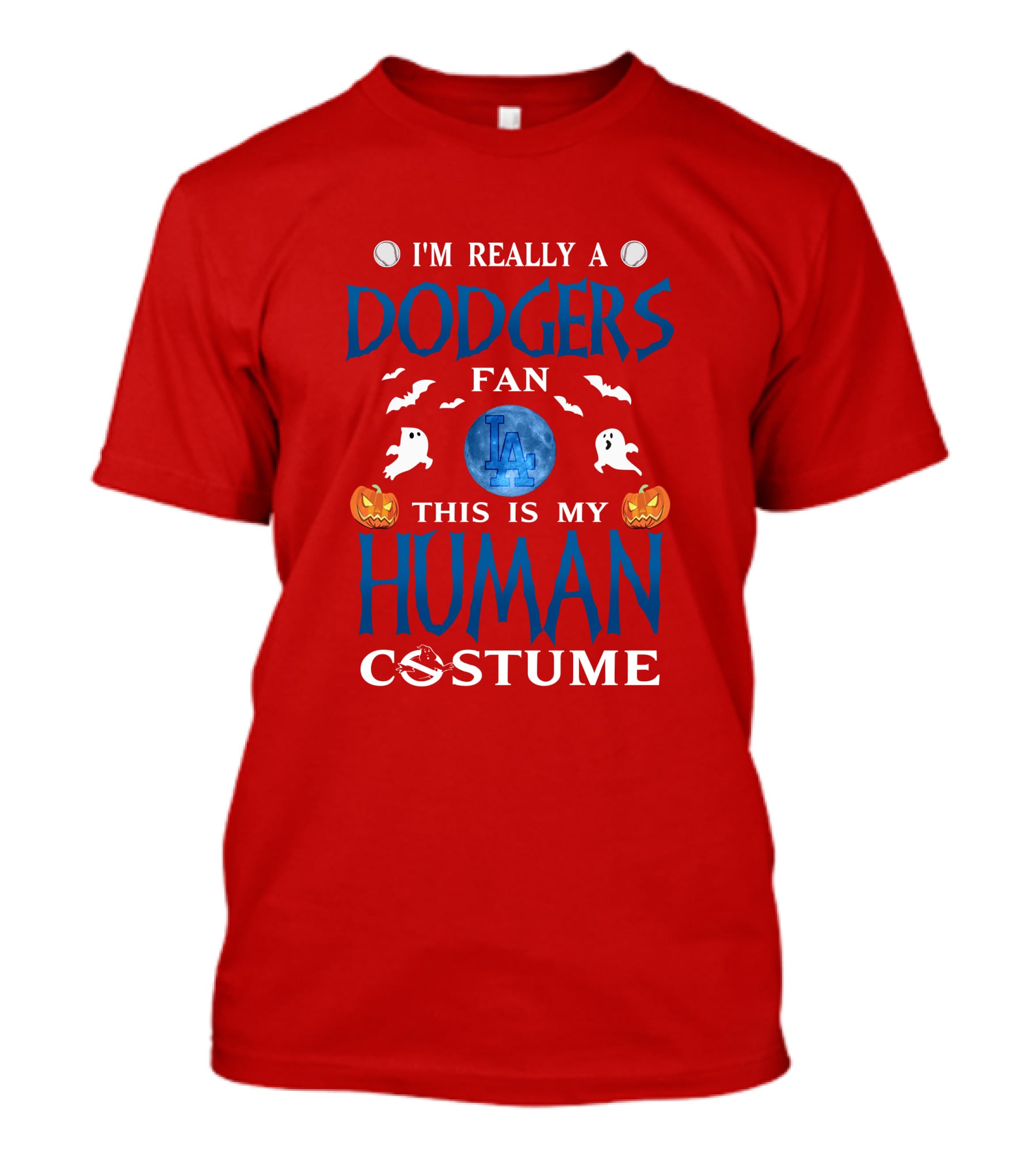 Los Angeles Dodgers Fan Halloween Human Costume Theme With Ghosts And Pumpkins T-Shirt