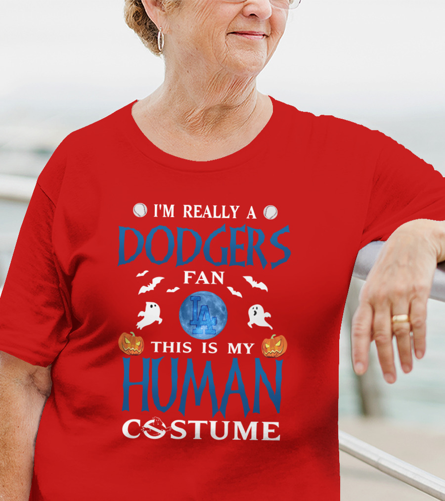 Los Angeles Dodgers Fan Halloween Human Costume Theme With Ghosts And Pumpkins T-Shirt