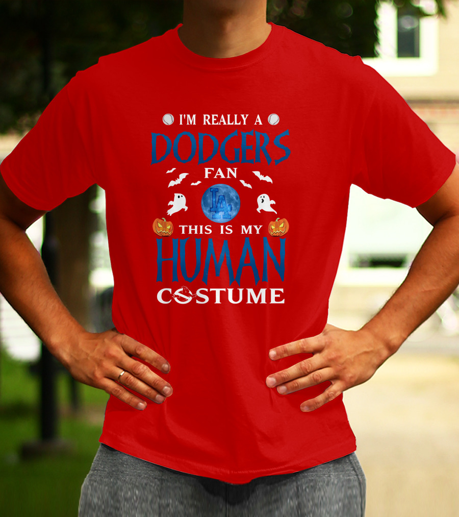Los Angeles Dodgers Fan Halloween Human Costume Theme With Ghosts And Pumpkins T-Shirt