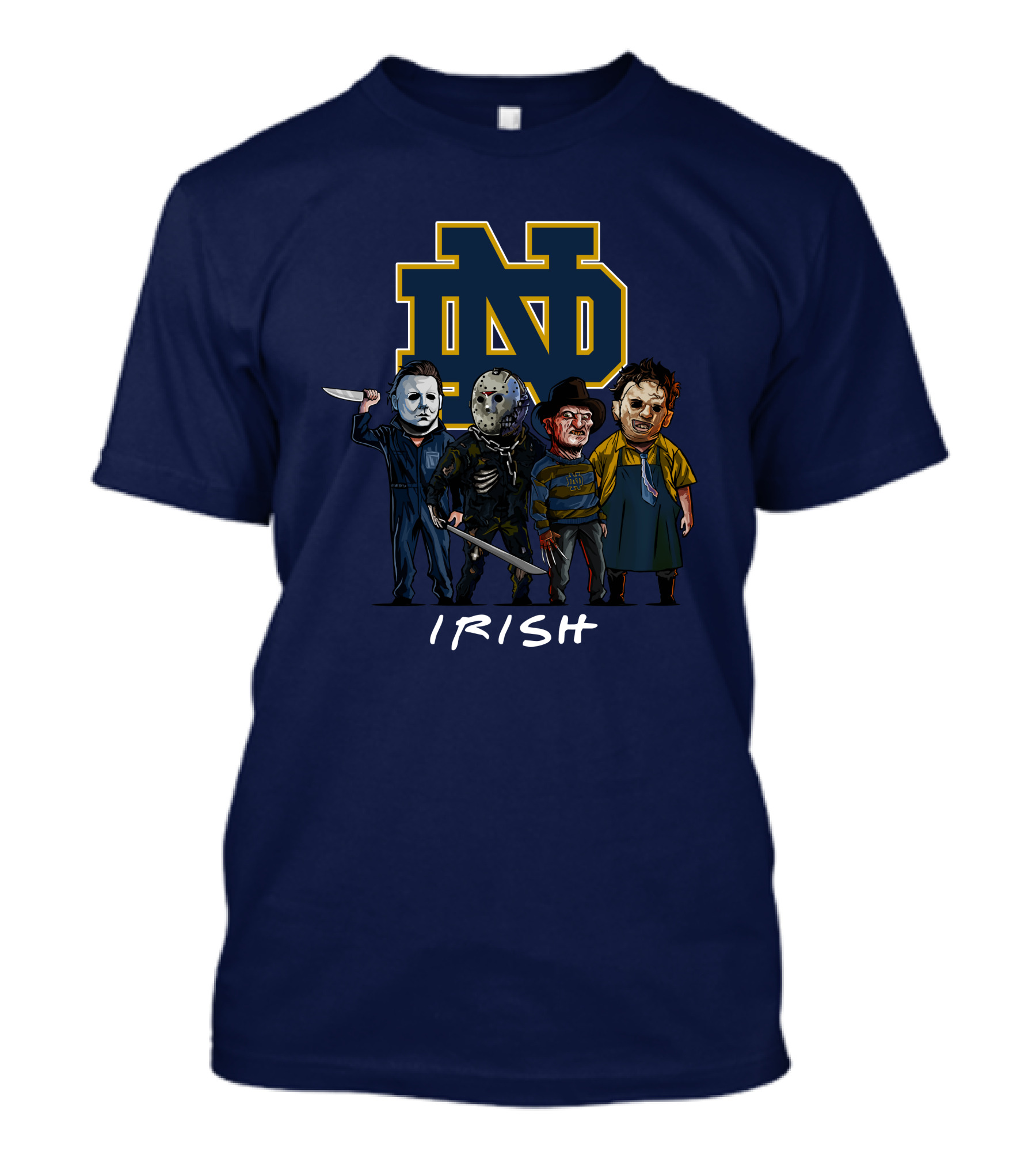Notre Dame Fighting Irish Halloween With Famous Horror Slasher Characters T-Shirt