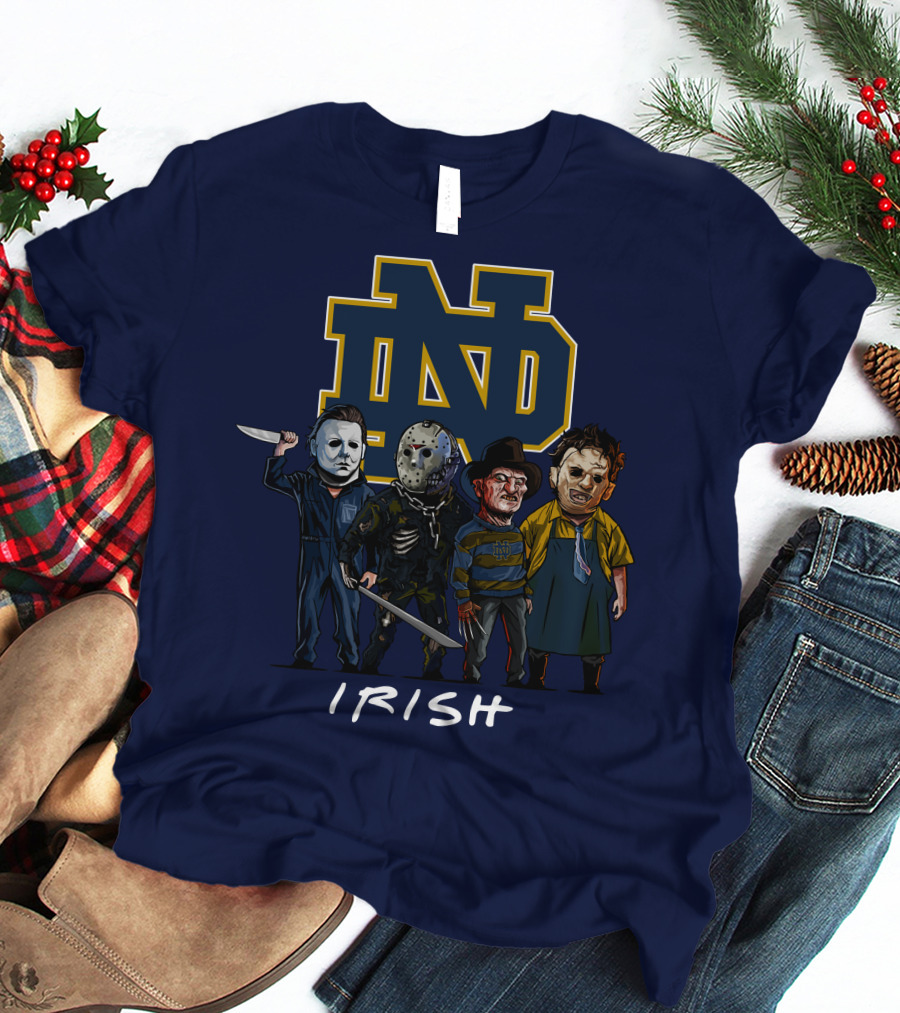 Notre Dame Fighting Irish Halloween With Famous Horror Slasher Characters T-Shirt