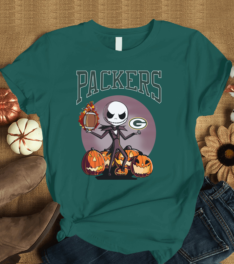Packers Green Bay Jack Skellington Halloween Football Pumpkins T-Shirt