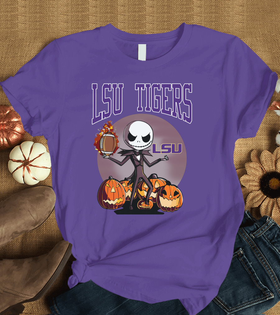 LSU Tigers Jack Skellington Halloween Football Pumpkins T-Shirt
