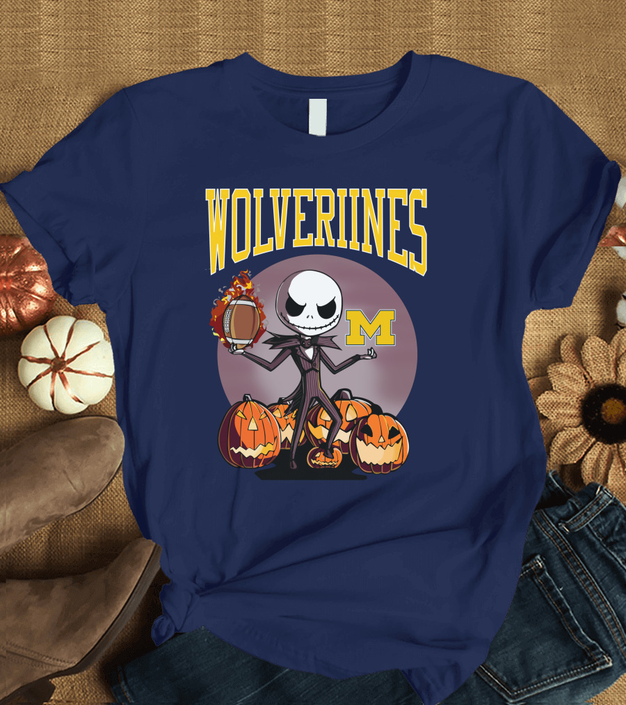 Michigan Wolverines Halloween Jack Skellington Football Pumpkins T-Shirt