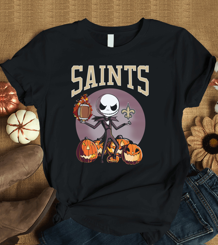New Orleans Saints Jack Skellington Halloween Pumpkins Football Fleur-de-Lis T-Shirt