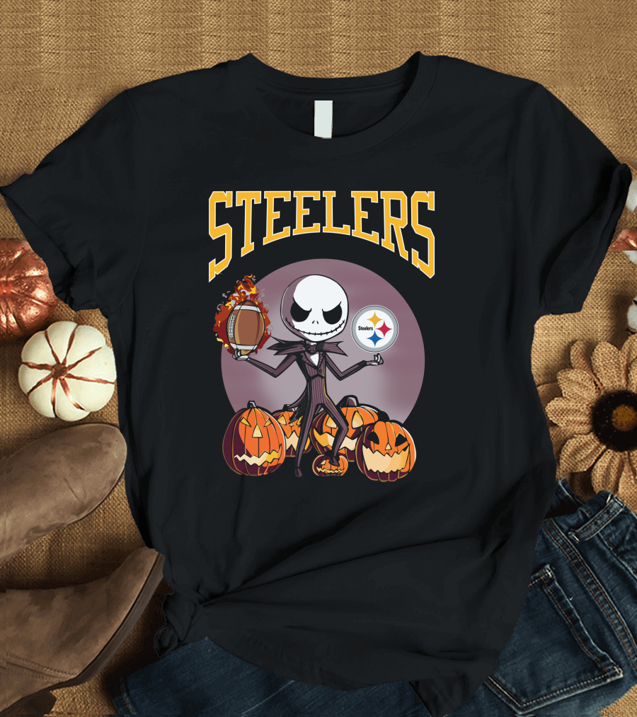 Steelers Jack Skellington Holding Football With Pumpkins And Pittsburgh Steelers T-Shirt