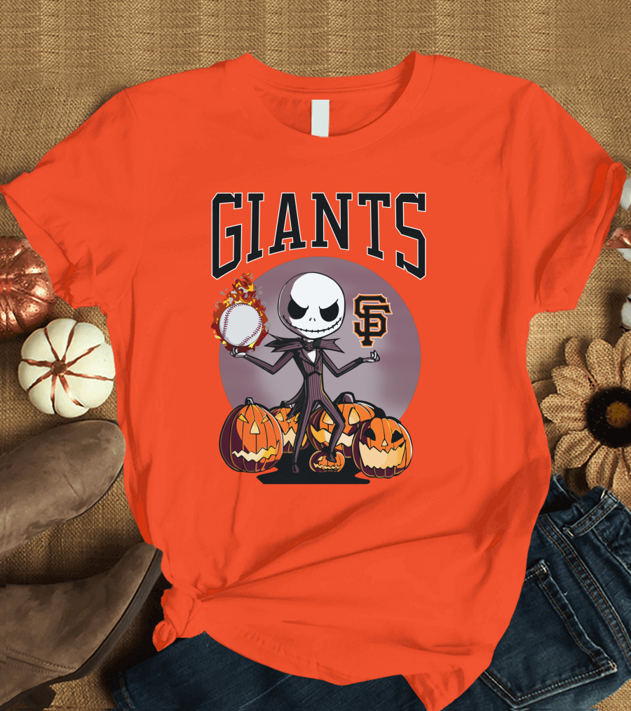 Giants Jack Skellington SF Logo Halloween Pumpkins Baseball T-Shirt
