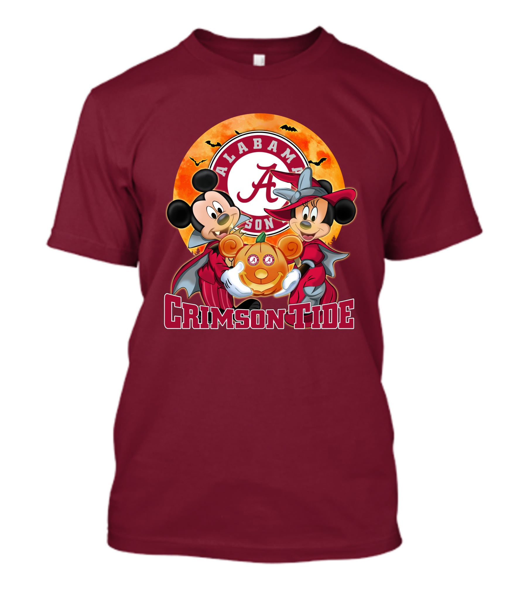 Alabama Crimson Tide Mickey Mouse Minnie Mouse Halloween Pumpkin Circle T-Shirt