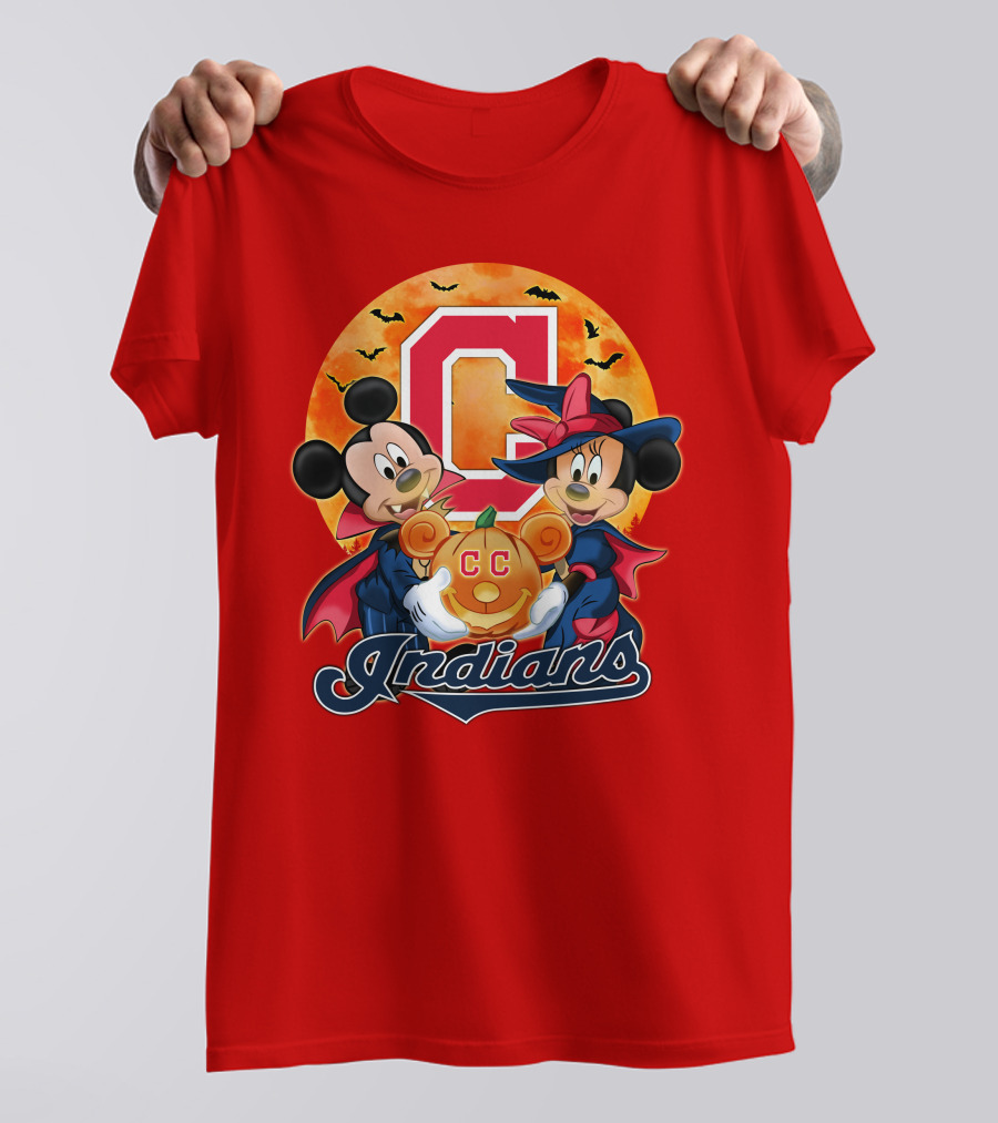 Cleveland Indians Mickey Mouse Minnie Mouse Halloween C Logo Pumpkin T-Shirt