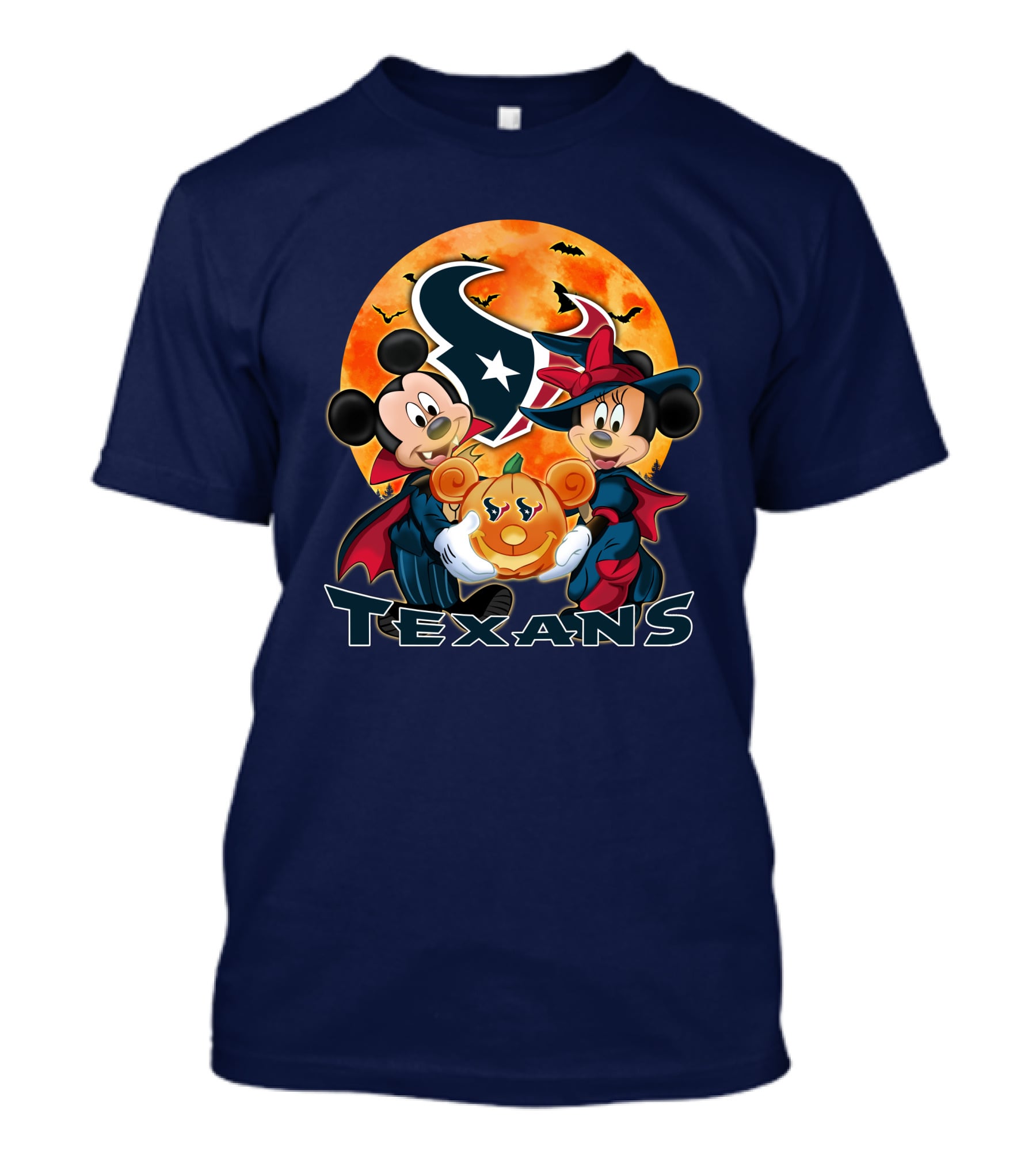 Houston Texans Mickey Mouse And Minnie Mouse Halloween Pumpkin Moon Bats T-Shirt