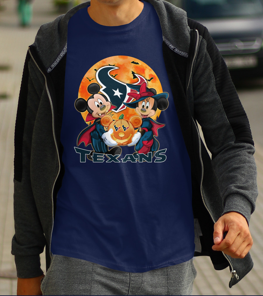 Houston Texans Mickey Mouse And Minnie Mouse Halloween Pumpkin Moon Bats T-Shirt