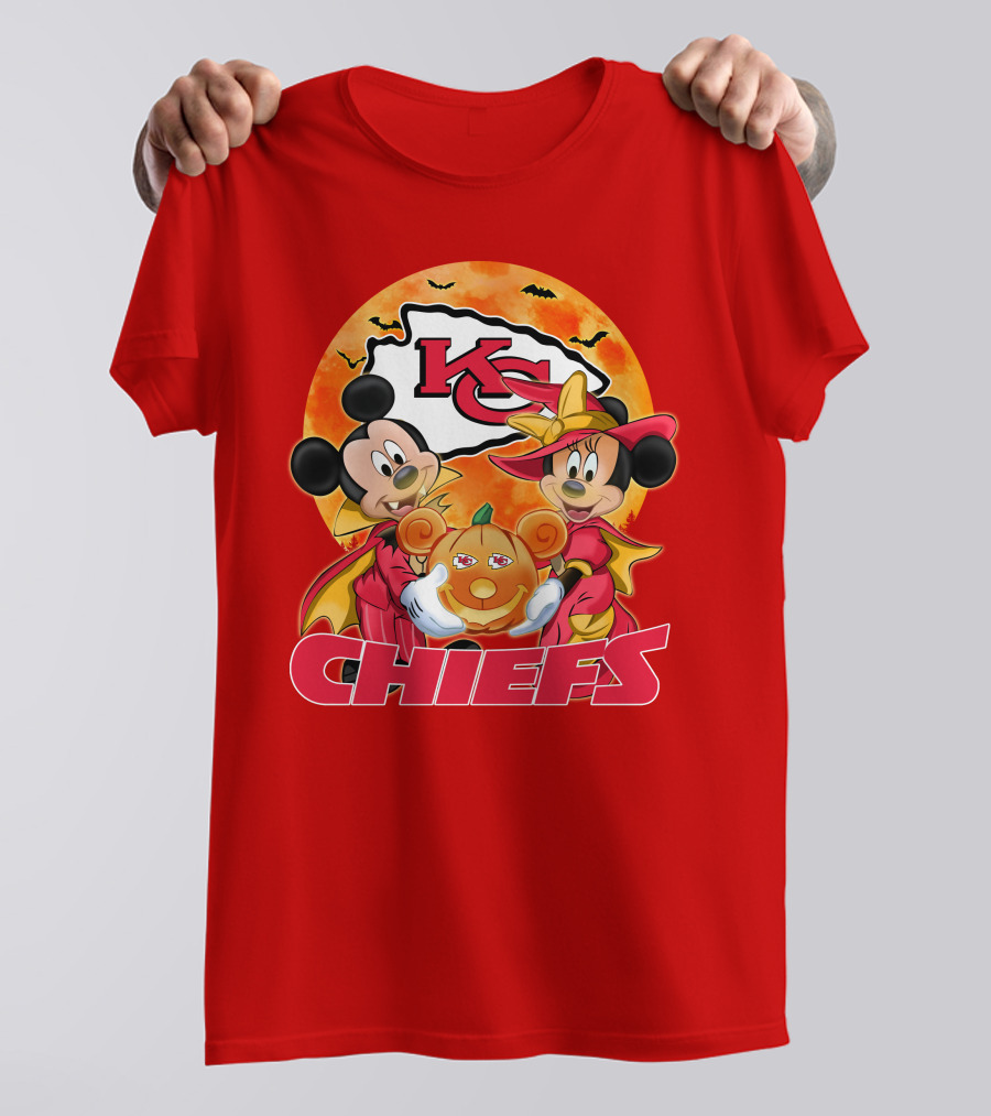 Kansas City Chiefs Mickey Mouse Minnie Mouse Halloween Chiefs Logo Pumpkin T-Shirt