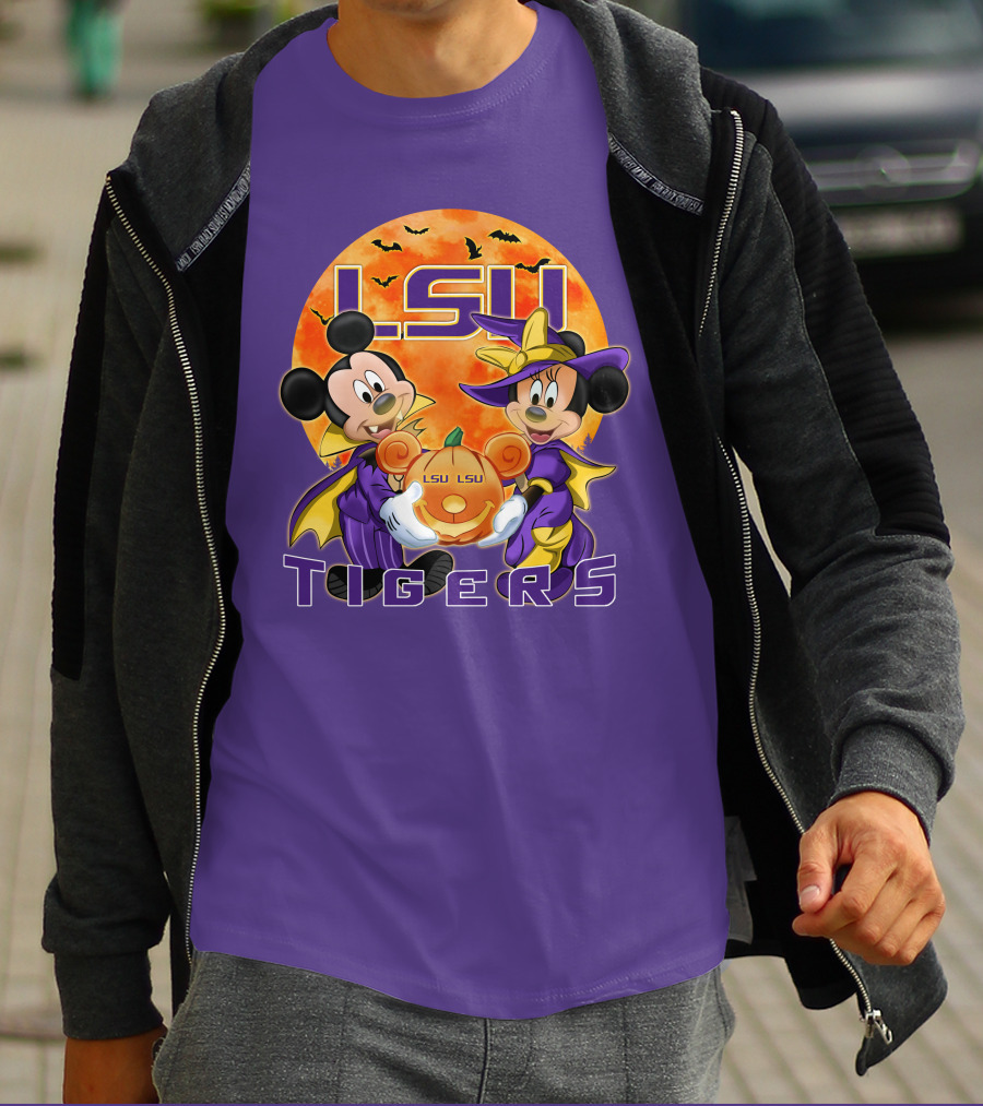 LSU Tigers Mickey Mouse And Minnie Mouse Halloween Pumpkin T-Shirt