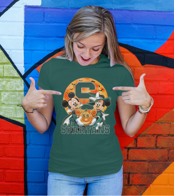 Michigan State Spartans Mickey Mouse Minnie Mouse Halloween Pumpkin Moon Bats T-Shirt