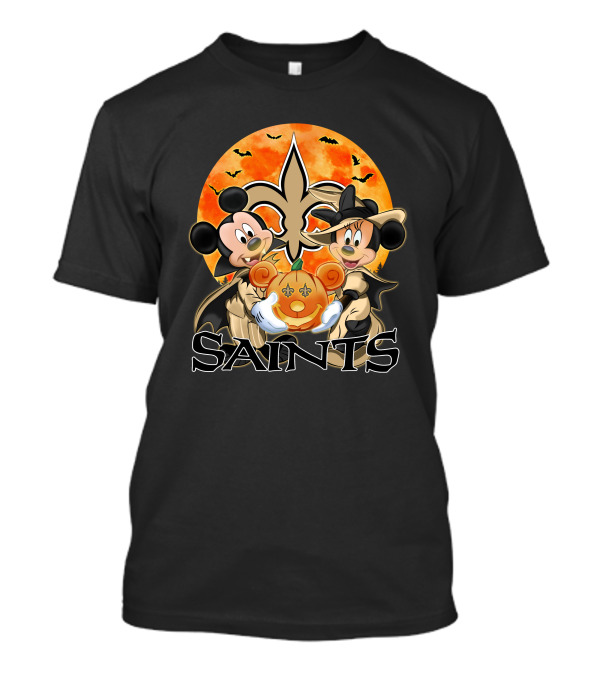 New Orleans Saints Mickey And Minnie Halloween Pumpkin Fleur-de-Lis T-Shirt