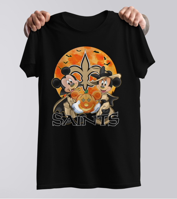 New Orleans Saints Mickey And Minnie Halloween Pumpkin Fleur-de-Lis T-Shirt