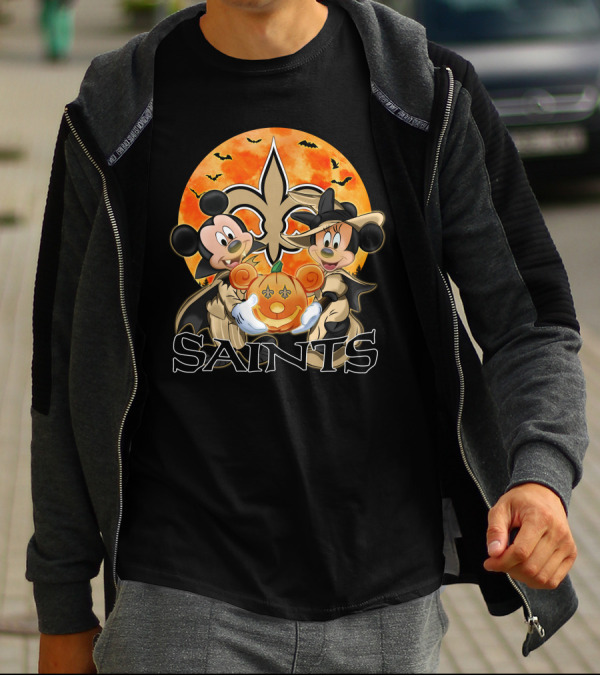 New Orleans Saints Mickey And Minnie Halloween Pumpkin Fleur-de-Lis T-Shirt