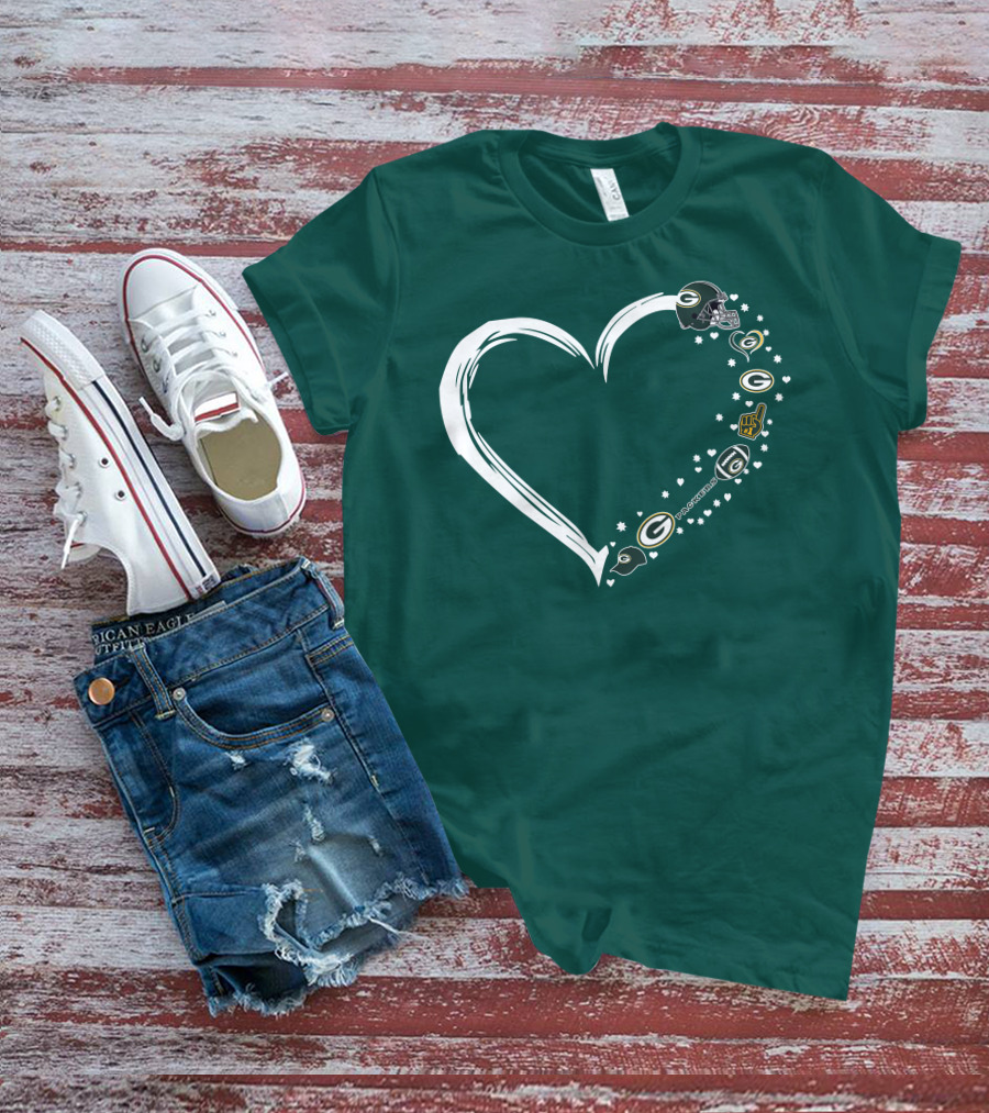 Green Bay Packers Heart With Logos And Helmet T-Shirt