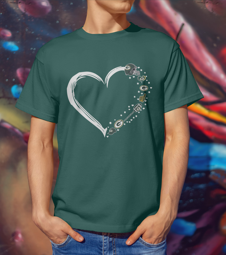 Green Bay Packers Heart With Logos And Helmet T-Shirt