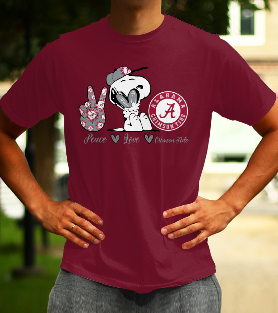Peace Love Alabama Crimson Tide Snoopy Football Fan Gear T-Shirt