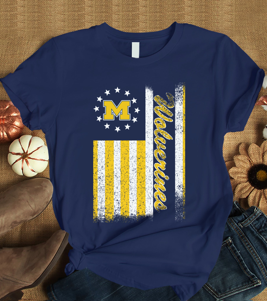 Michigan Wolverines M Logo American Flag Stars Stripes Edition T-Shirt