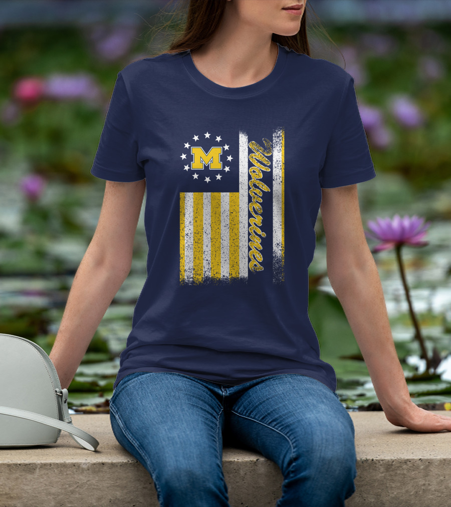Michigan Wolverines M Logo American Flag Stars Stripes Edition T-Shirt