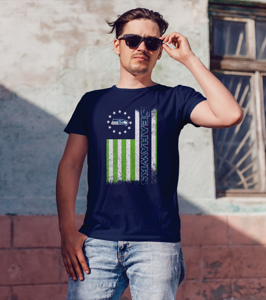 Seattle Seahawks American Flag Green Stripes 12 Stars T-Shirt