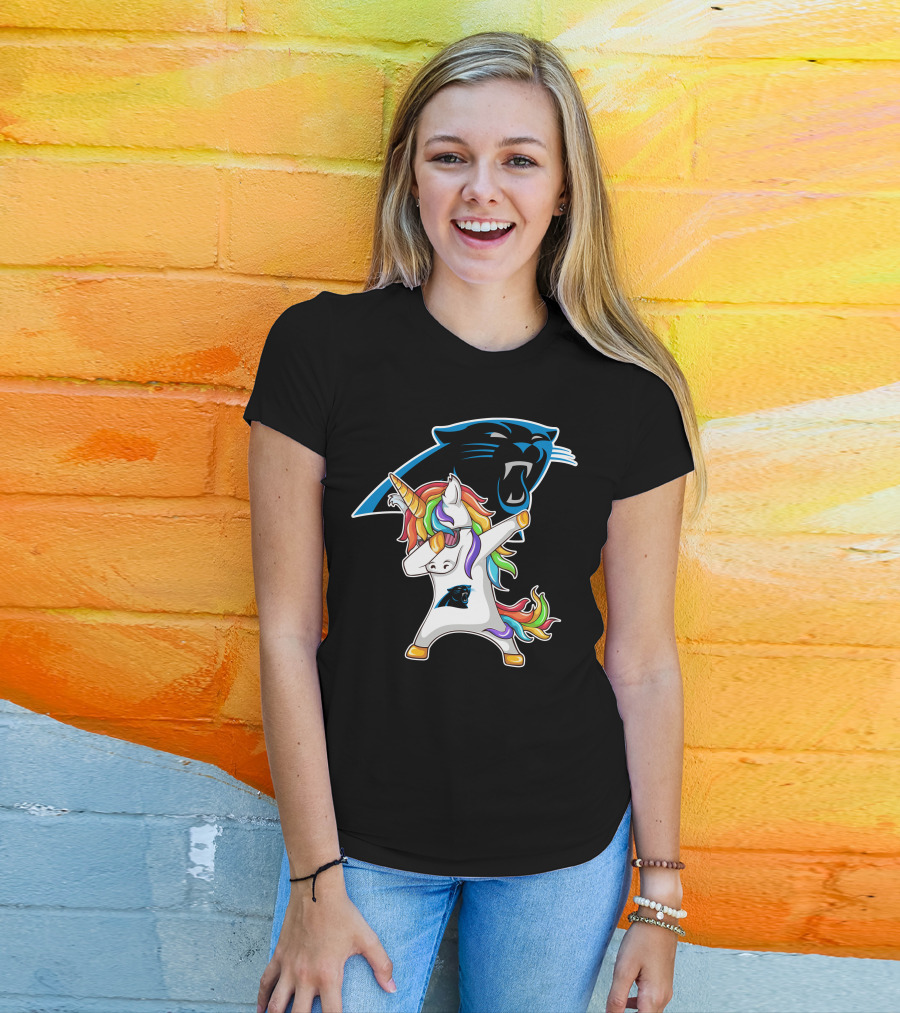 Carolina Panthers Unicorn Dabbing With Team Logo And Rainbow Mane T-Shirt