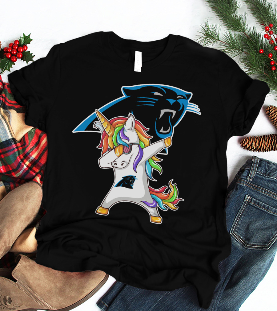 Carolina Panthers Unicorn Dabbing With Team Logo And Rainbow Mane T-Shirt