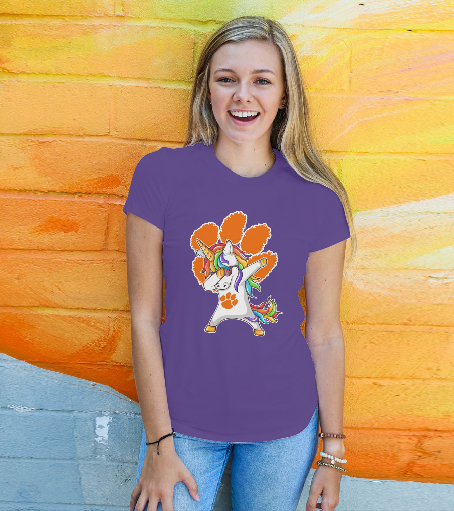 Clemson Tigers Dabbing Unicorn Paw Print Rainbow Mane T-Shirt