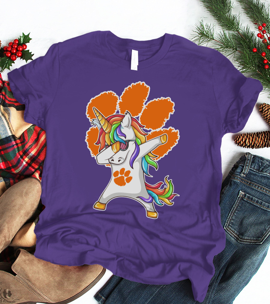 Clemson Tigers Dabbing Unicorn Paw Print Rainbow Mane T-Shirt