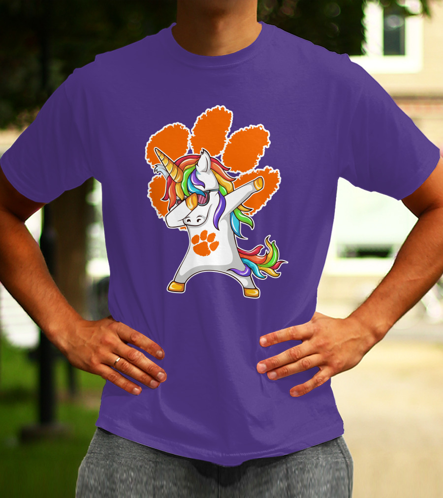 Clemson Tigers Dabbing Unicorn Paw Print Rainbow Mane T-Shirt