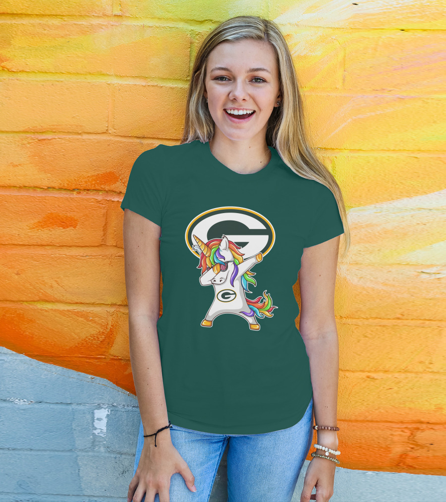 Green Bay Packers Dabbing Unicorn With Team Logo And Rainbow Mane T-Shirt