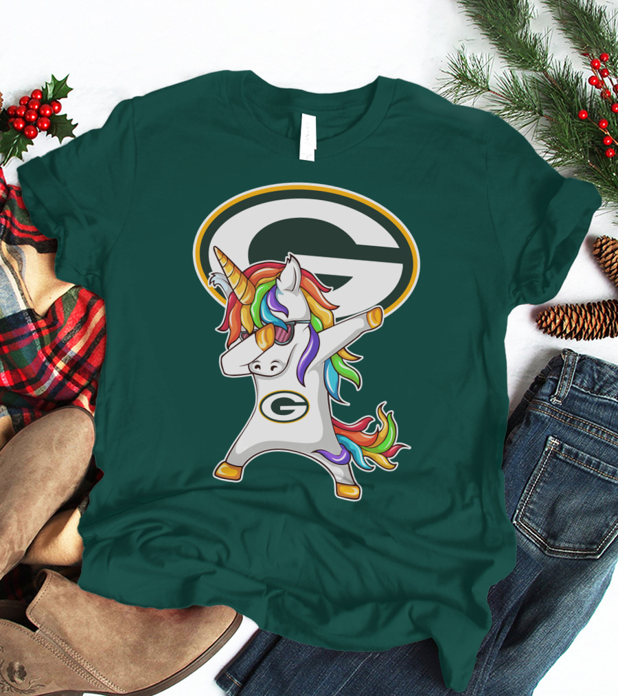 Green Bay Packers Dabbing Unicorn With Team Logo And Rainbow Mane T-Shirt