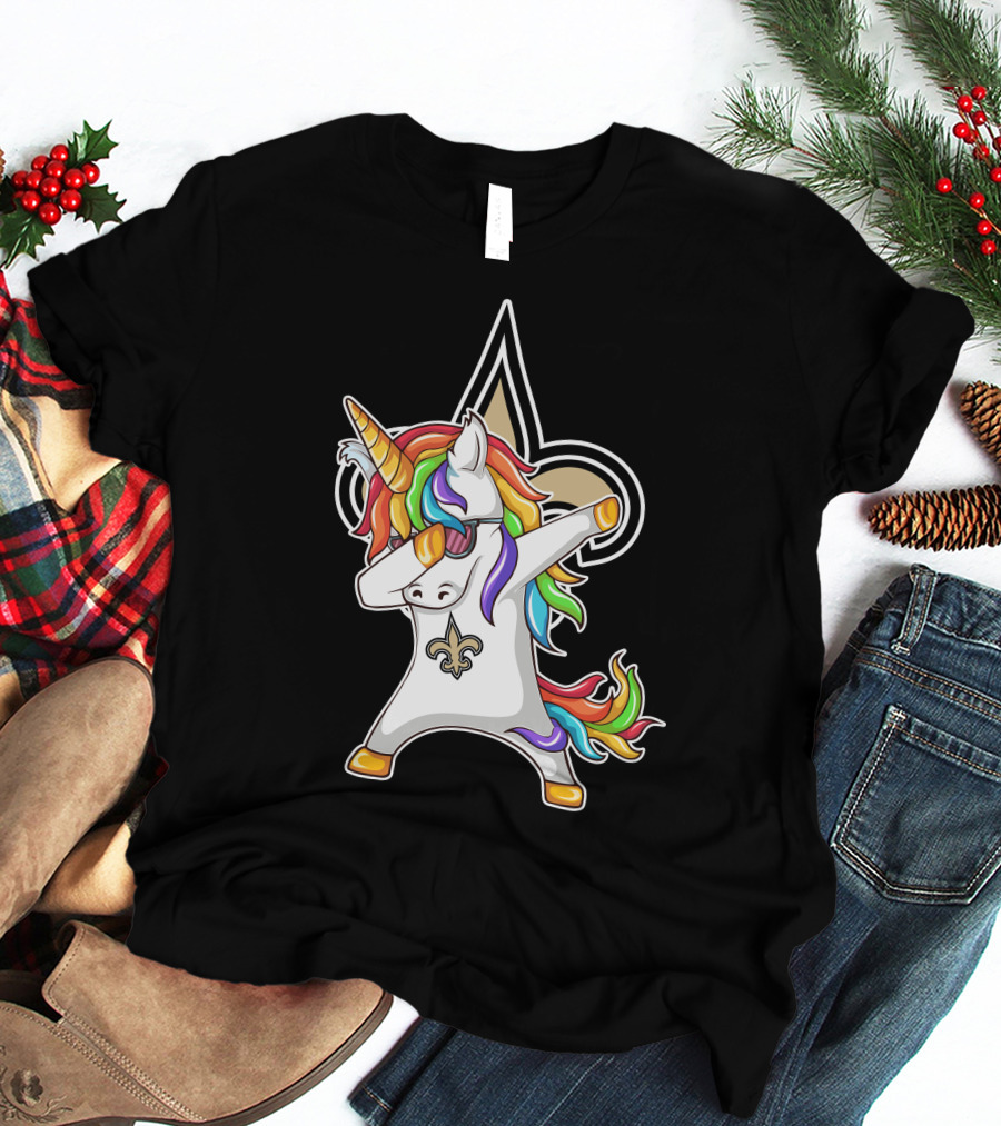 New Orleans Saints Unicorn Dabbing Fleur-de-Lis Rainbow Mane T-Shirt