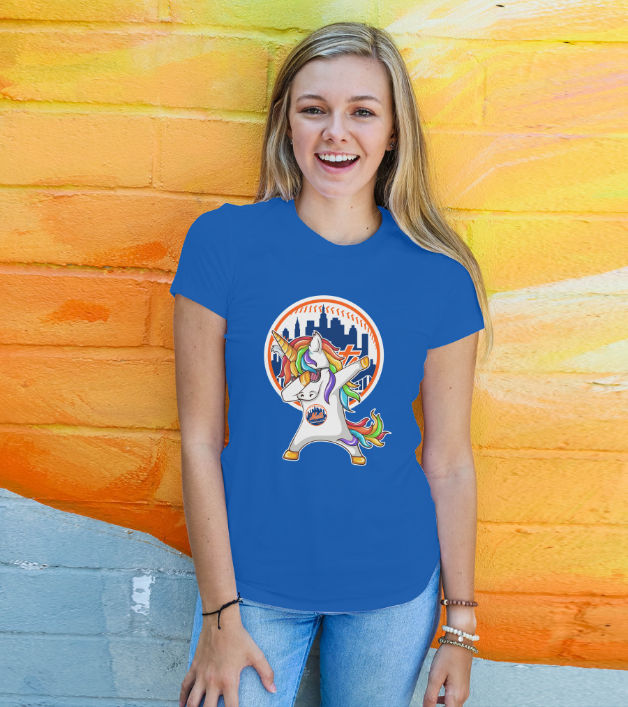 New York Mets Unicorn Dabbing Rainbow Skyline Baseball T-Shirt