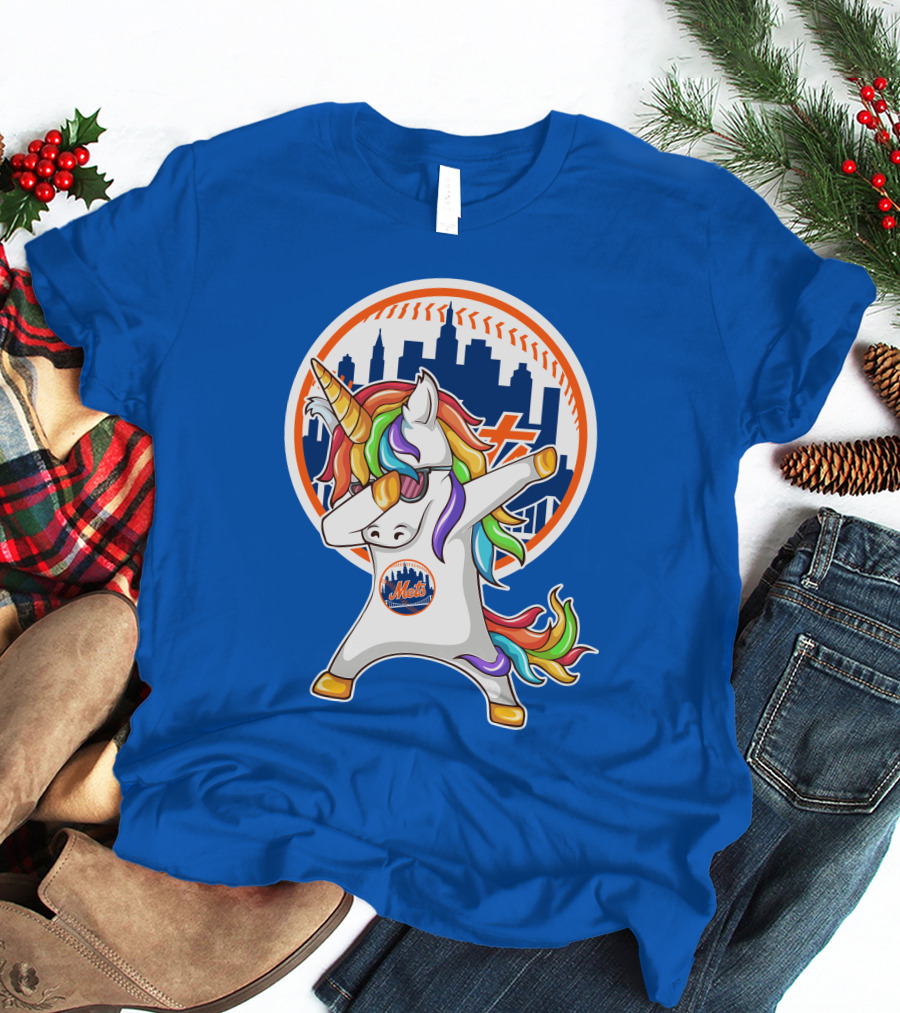 New York Mets Unicorn Dabbing Rainbow Skyline Baseball T-Shirt