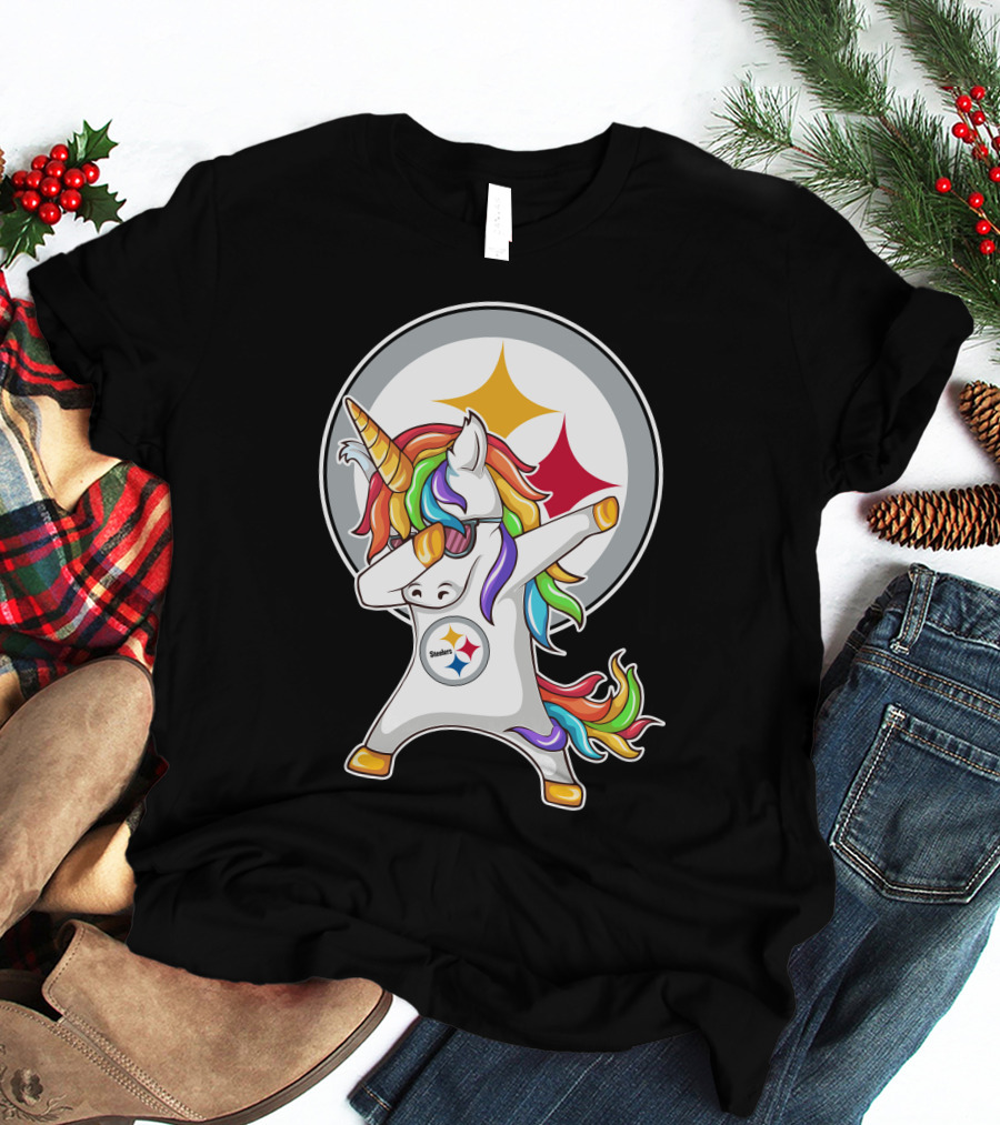 Pittsburgh Steelers Dabbing Unicorn Fan Design Rainbow T-Shirt