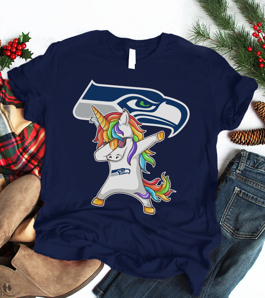 Seattle Seahawks Unicorn Dabbing Rainbow Hair T-Shirt
