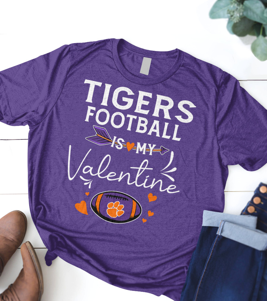 Tigers Football Is My Valentine With Paw Print And Hearts T-Shirt