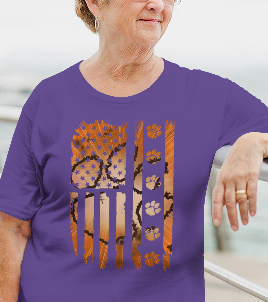 Clemson Tigers Paw Print American Flag T-Shirt