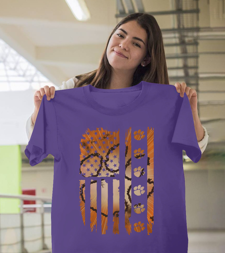 Clemson Tigers Paw Print American Flag T-Shirt