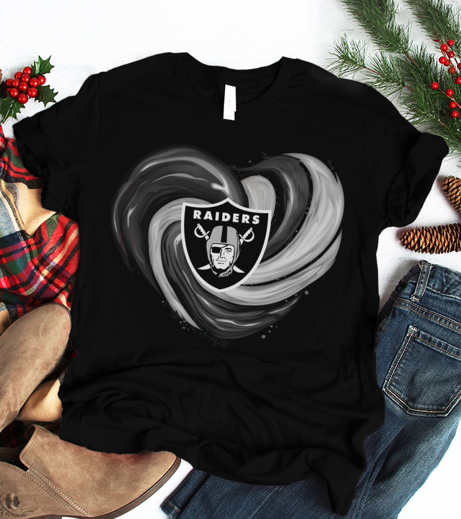 Las Vegas Raiders Heart Design With Logo In Black And White Swirl T-Shirt