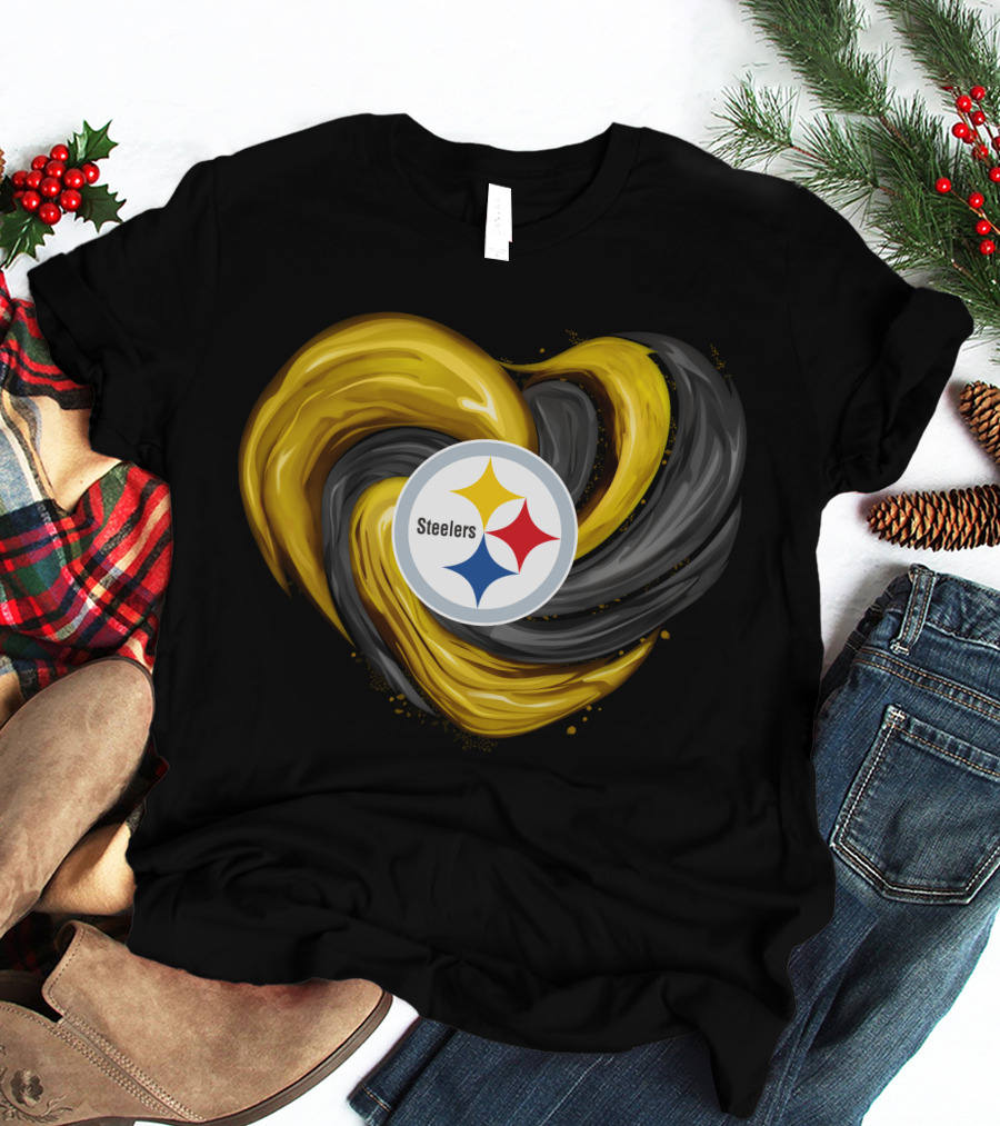 Steelers Tornado Heart Black And Gold Swirl T-Shirt