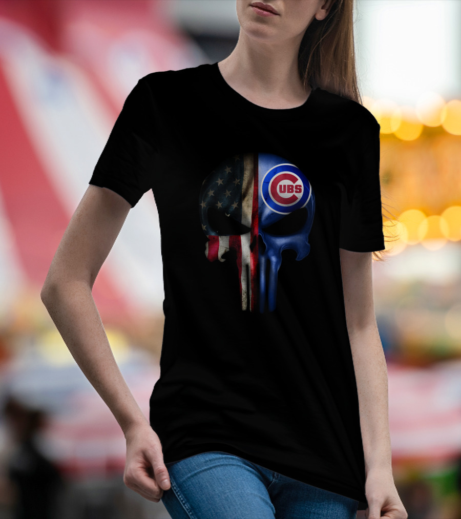 Chicago Cubs Punisher Skull American Flag T-Shirt