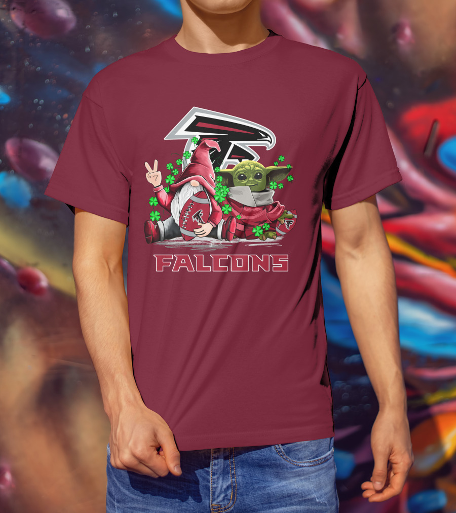 Leprechauns Gnomes Baby Yoda Hug Atlanta Falcons Shamrock Football T-Shirt