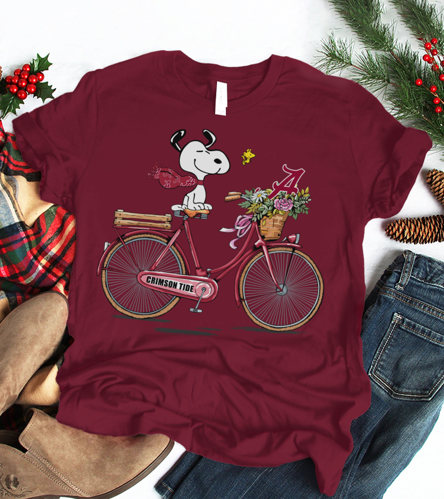 Alabama Crimson Tide Snoopy On Bicycle With Flowers And Woodstock T-Shirt
