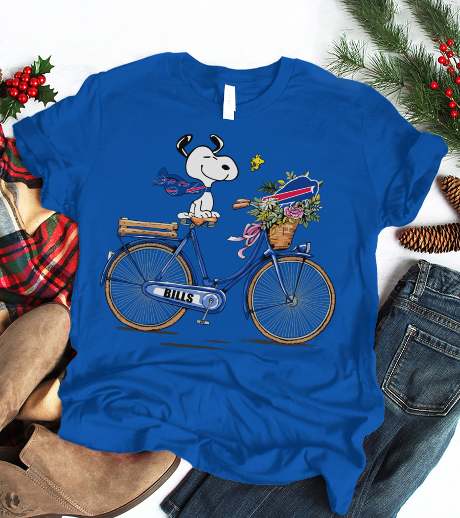 Buffalo Bills Snoopy Bicycle With Woodstock And Football Elements T-Shirt
