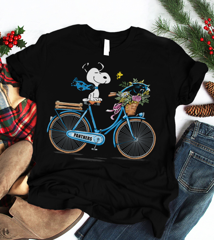 Panthers Snoopy On Bicycle With Flowers And Woodstock T-Shirt